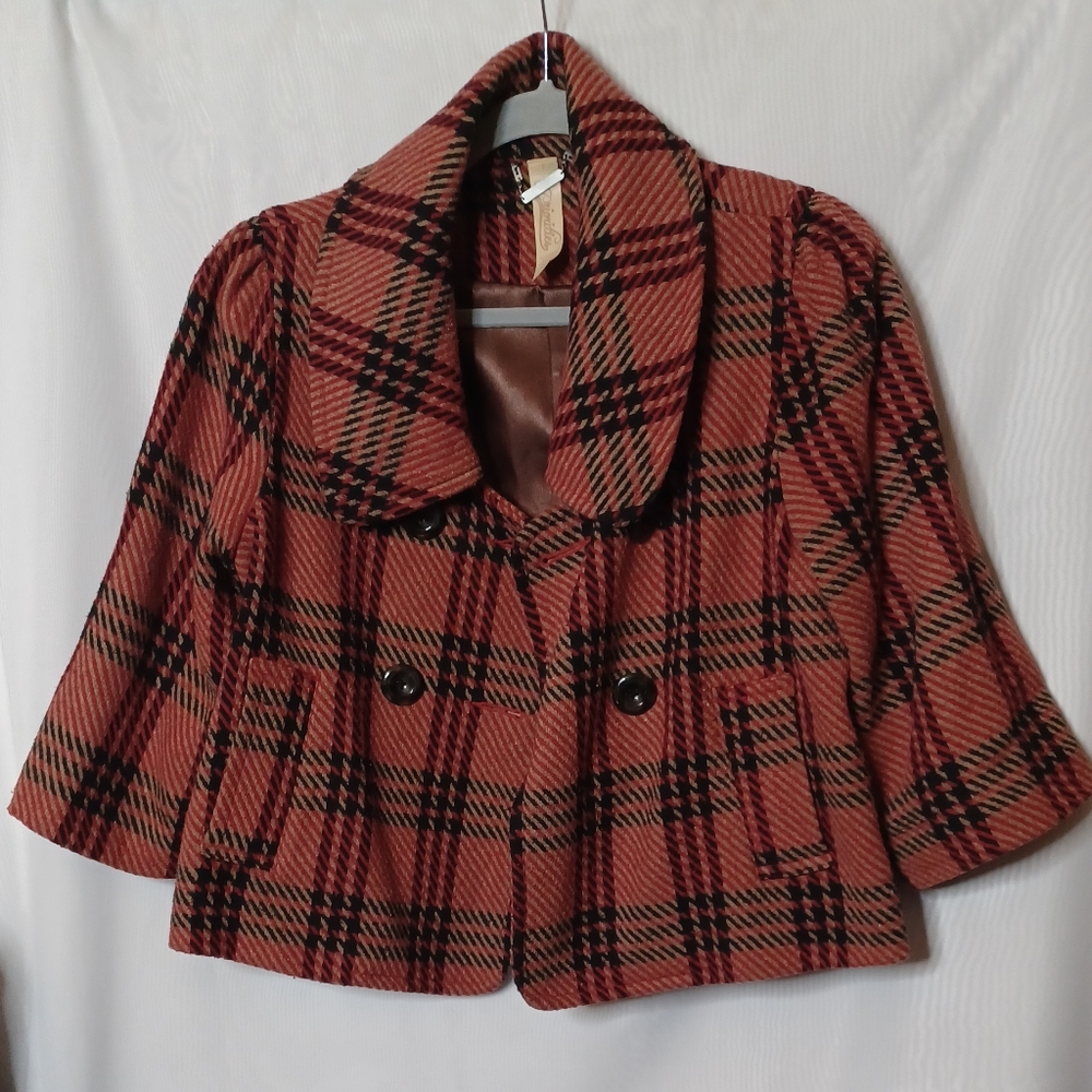 PRIORITIES Wool Blend Red/Black Plaid Short Jacket. Size L